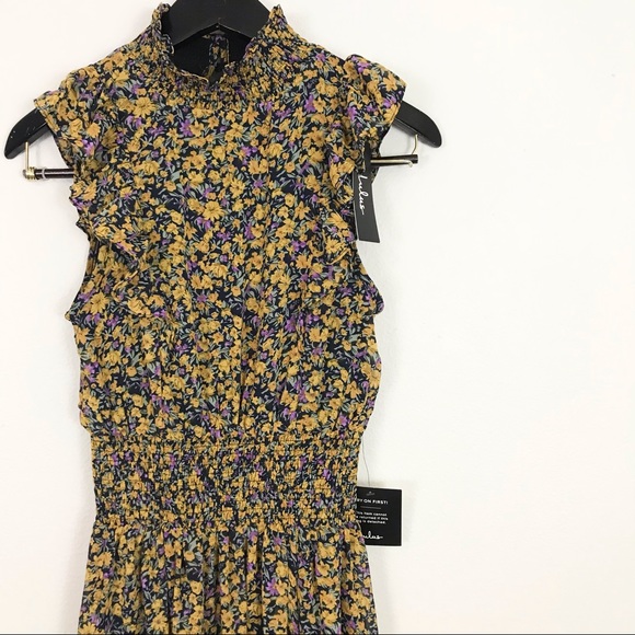 Lulus XS Evalina Midi Dress High Neck Floral Yellow Purple - Picture 4 of 16